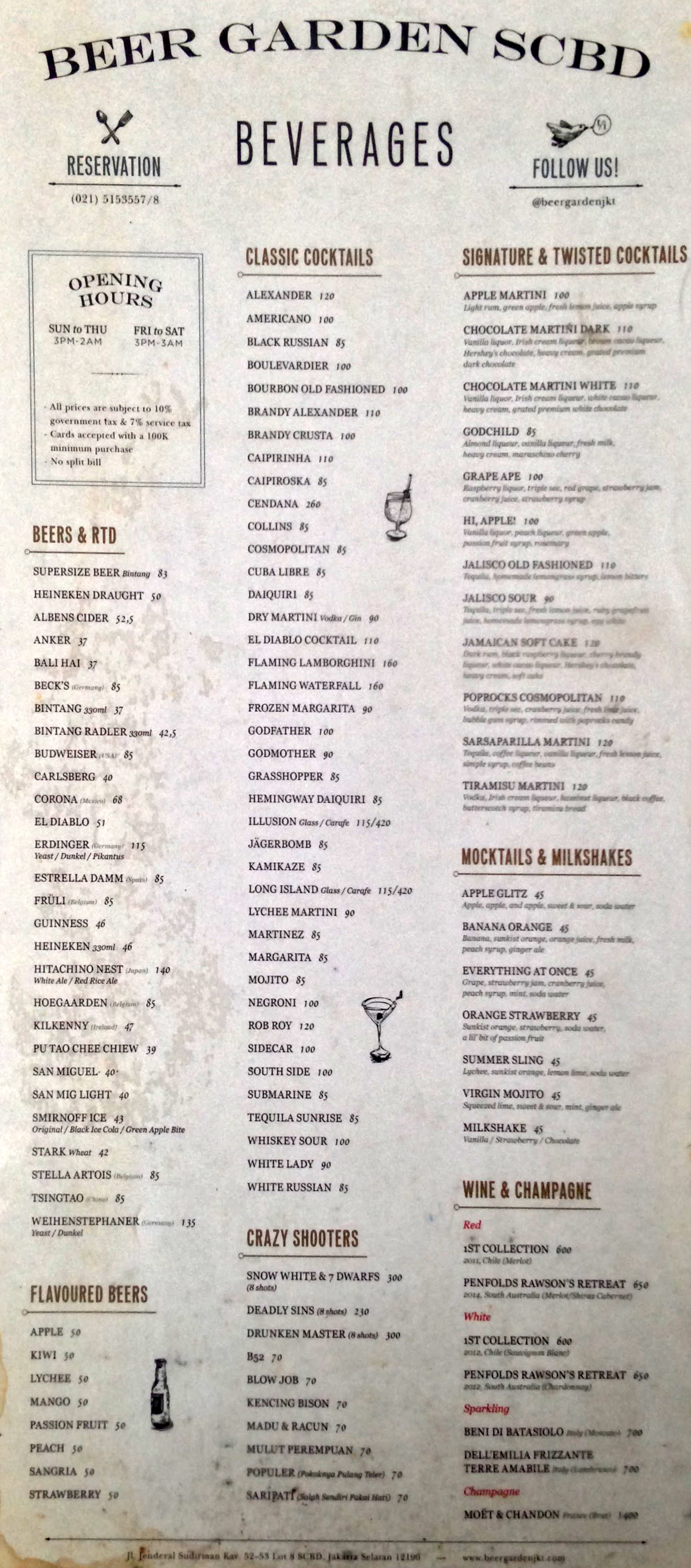 Menu At Beer Garden Pub Bar Jakarta Kawasan Scbd